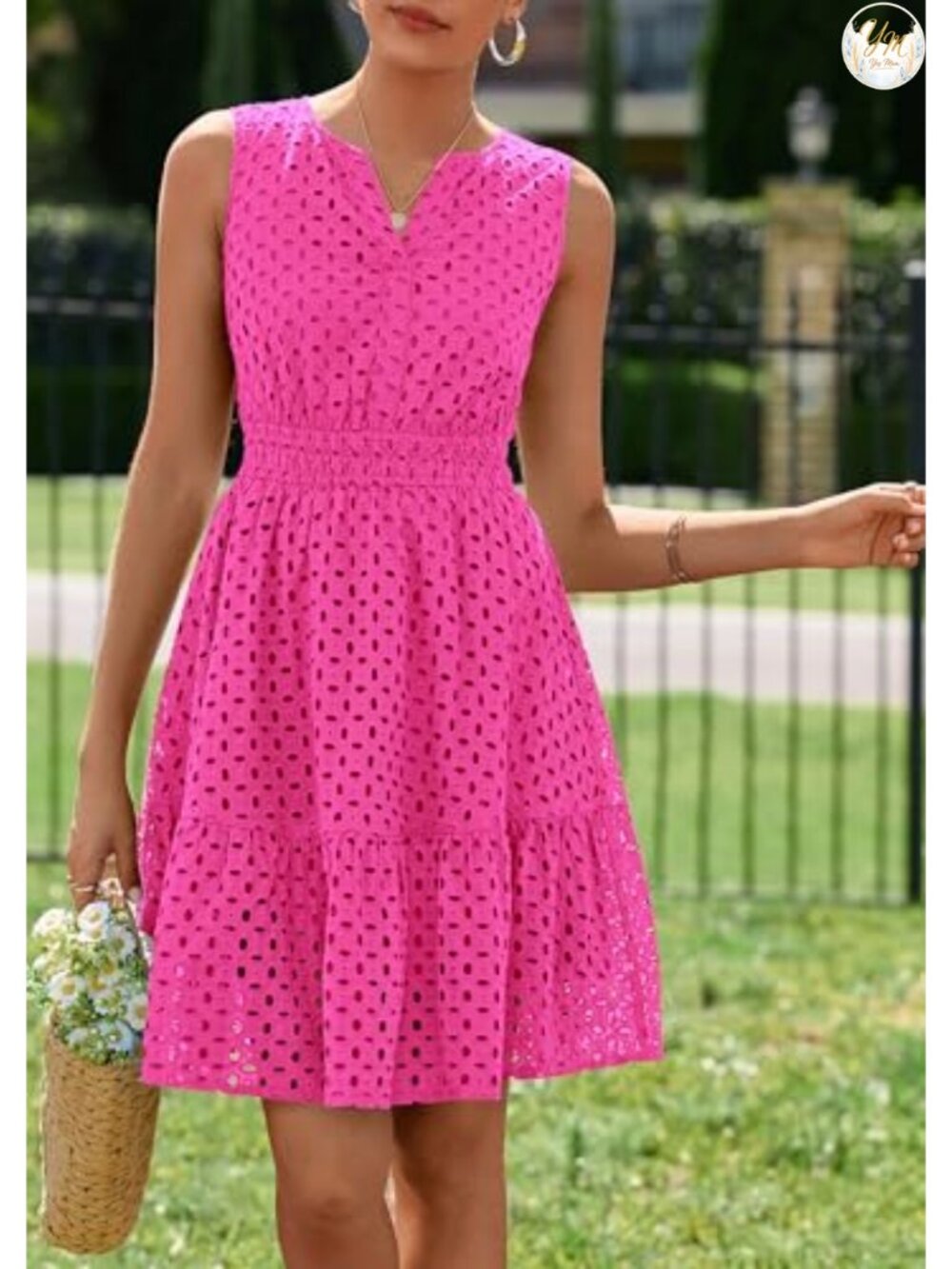 Eyelet A-Line Sleeveless V-Neck Cotton Summer Dress Knee-Length - Picture 3 of 6
